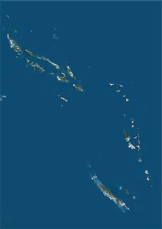 Vanuatu et les îles Salomon, la Mélanésie, Océanie, vraie couleur Image Satellite. Vue satellite du Vanuatu et des îles Salomon, situé dans l'océan Pacifique Sud. Cette image a été compilée à partir de données acquises par les satellites LANDSAT 5 & 7. Photographie de stock - Rights-Managed, Code: 872-06053420