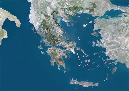 peloponeso - Grèce, Europe, véritable couleur Satellite Image avec masque. Vue satellite de la Grèce (avec masque). Cette image a été compilée à partir de données acquises par les satellites LANDSAT 5 & 7. Photographie de stock - Rights-Managed, Code: 872-06053437