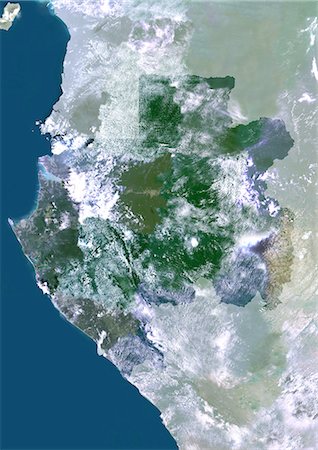 simsearch:872-06053367,k - Gabun, Afrika, True Colour-Satellitenbild mit Maske. Satellitenaufnahme von Gabun (mit Maske). Dieses Bild wurde aus Daten von Satelliten LANDSAT 5 & 7 erworbenen zusammengestellt. Stockbilder - Lizenzpflichtiges, Bildnummer: 872-06053467