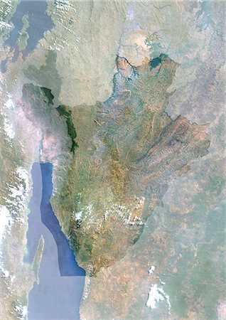 simsearch:872-06053479,k - Burundi, Afrika, True Colour-Satellitenbild mit Maske. Satellitenaufnahme von Burundi (mit Maske). Dieses Bild wurde aus Daten von Satelliten LANDSAT 5 & 7 erworbenen zusammengestellt. Stockbilder - Lizenzpflichtiges, Bildnummer: 872-06053460