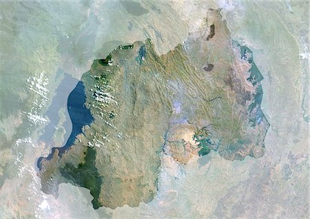 simsearch:872-06053479,k - Ruanda, Afrika, True Colour-Satellitenbild mit Maske. Satellitenaufnahme von Ruanda (mit Maske). Dieses Bild wurde aus Daten von Satelliten LANDSAT 5 & 7 erworbenen zusammengestellt. Stockbilder - Lizenzpflichtiges, Bildnummer: 872-06053486