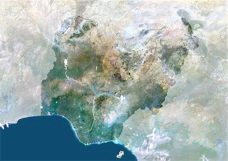 simsearch:872-06054626,k - Nigeria, Africa, True Colour Satellite Image With Mask. Satellite view of Nigeria (with mask). This image was compiled from data acquired by LANDSAT 5 & 7 satellites. Stock Photo - Rights-Managed, Code: 872-06053482