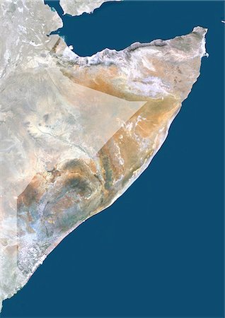 simsearch:872-06053036,k - Somalia, Africa, True Colour Satellite Image With Mask. Satellite view of Somalia (with mask). This image was compiled from data acquired by LANDSAT 5 & 7 satellites. Stock Photo - Rights-Managed, Code: 872-06053490