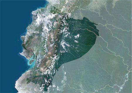 simsearch:872-06053456,k - Ecuador, South America, True Colour Satellite Image With Mask. Satellite view of Ecuador (with mask). This image was compiled from data acquired by LANDSAT 5 & 7 satellites. Stock Photo - Rights-Managed, Code: 872-06053507