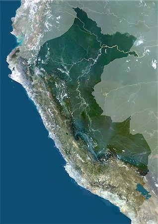 simsearch:872-06053988,k - Pérou, Amérique du Sud, véritable couleur Satellite Image avec masque. Vue satellite du Pérou (avec masque). Cette image a été compilée à partir de données acquises par les satellites LANDSAT 5 & 7. Photographie de stock - Rights-Managed, Code: 872-06053514