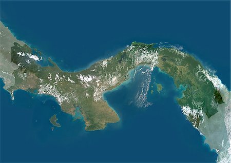 simsearch:872-06054055,k - Panama, Amérique centrale, véritable couleur Satellite Image avec masque. Vue satellite du Panama (avec masque). Cette image a été compilée à partir de données acquises par les satellites LANDSAT 5 & 7. Photographie de stock - Rights-Managed, Code: 872-06053512