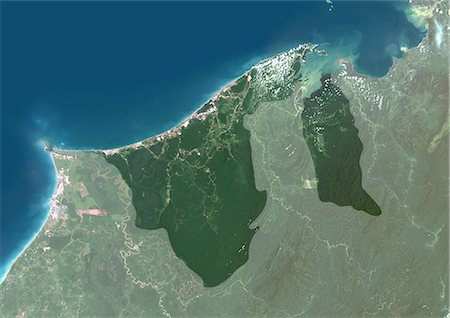 simsearch:872-06053521,k - Brunei, Asia, True Colour Satellite Image With Mask. Satellite view of Brunei (with mask). This image was compiled from data acquired by LANDSAT 5 & 7 satellites. Foto de stock - Con derechos protegidos, Código: 872-06053525