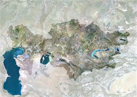 Kasachstan, Asien, True Colour-Satellitenbild mit Maske. Satellitenaufnahme von Kasachstan (mit Maske). Dieses Bild wurde aus Daten von Satelliten LANDSAT 5 & 7 erworbenen zusammengestellt. Stockbilder - Lizenzpflichtiges, Bildnummer: 872-06053536