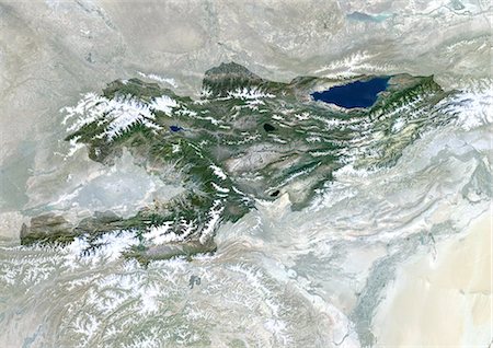simsearch:872-06053988,k - Kirghizistan, Asie, véritable couleur Satellite Image avec masque. Vue satellite du Kirghizistan (avec masque). Cette image a été compilée à partir de données acquises par les satellites LANDSAT 5 & 7. Photographie de stock - Rights-Managed, Code: 872-06053537