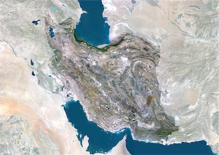 satellite image - Iran, Moyen-Orient, Asie, True Image Satellite couleur avec masque. Vue satellite de l'Iran (avec masque). Cette image a été compilée à partir de données acquises par les satellites LANDSAT 5 & 7. Photographie de stock - Rights-Managed, Code: 872-06053533