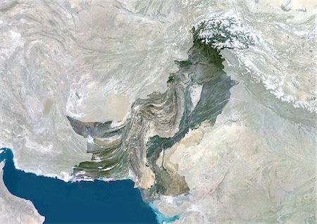 simsearch:872-06053988,k - Pakistan, Asie, véritable couleur Satellite Image avec masque. Vue satellite du Pakistan (avec masque). Cette image a été compilée à partir de données acquises par les satellites LANDSAT 5 & 7. Photographie de stock - Rights-Managed, Code: 872-06053544