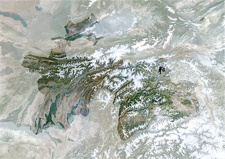 simsearch:872-06053153,k - Tajikistan, Asia, True Colour Satellite Image With Mask. Satellite view of Tajikistan (with mask). This image was compiled from data acquired by LANDSAT 5 & 7 satellites. Stock Photo - Rights-Managed, Code: 872-06053546