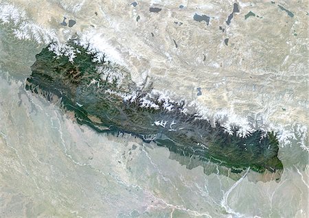 simsearch:872-06053988,k - Népal, Asie, véritable couleur Satellite Image avec masque. Vue satellite du Népal (avec masque). Cette image a été compilée à partir de données acquises par les satellites LANDSAT 5 & 7. Photographie de stock - Rights-Managed, Code: 872-06053541