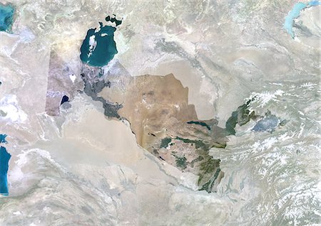 simsearch:872-06053153,k - Uzbekistan, Asia, True Colour Satellite Image With Mask. Satellite view of Uzbekistan (with mask). This image was compiled from data acquired by LANDSAT 5 & 7 satellites. Stock Photo - Rights-Managed, Code: 872-06053543