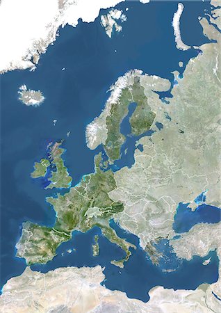 simsearch:872-06053988,k - Les États membres de l'Union européenne en 1995, True Image Satellite couleur avec masque et de frontières. Image satellite de vraies couleurs de l'Union européenne en 1995, montrant les 15 États membres. Cette image en projection conique conforme de Lambert a été compilée à partir de données acquises par les satellites LANDSAT 5 & 7. Photographie de stock - Rights-Managed, Code: 872-06053560