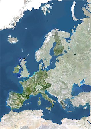 simsearch:872-06052824,k - Eurozone In 2002, True Colour Satellite Image With Mask And Borders. True colour satellite image of the Eurozone in 2002, showing the 12 EU member states officially using the euro (Netherlands, Italy, Luxemburg, France, Belgium, Germany, Ireland, Greece, Spain, Portugal, Austria, Finland). This image in Lambert Conformal Conic projection was compiled from data acquired by LANDSAT 5 & 7 satellites. Foto de stock - Con derechos protegidos, Código: 872-06053563