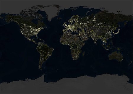 Toute la terre pendant la nuit avec les frontières du pays, True Image Satellite de la couleur. Image satellite de véritable couleur de toute la terre pendant la nuit avec les frontières du pays. Cette image en projection de Miller a été compilée à partir de données acquises par les satellites LANDSAT 5 & 7. Photographie de stock - Rights-Managed, Code: 872-06053575