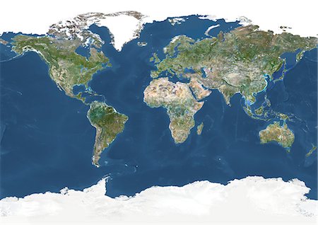 planète - Whole Earth With Country Borders And Major Rivers, True Colour Satellite Image. True colour satellite image of the whole Earth with country borders and major rivers. This image in Miller projection was compiled from data acquired by LANDSAT 5 & 7 satellites. Stock Photo - Rights-Managed, Code: 872-06053571