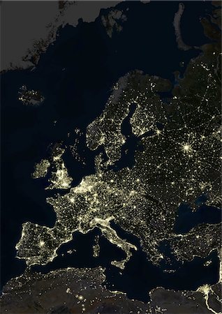 pyrenees - Europe At Night, True Colour Satellite Image. True colour satellite image of Europe at night. This image in Lambert Conformal Conic projection was compiled from data acquired by LANDSAT 5 & 7 satellites. Stock Photo - Rights-Managed, Code: 872-06053584