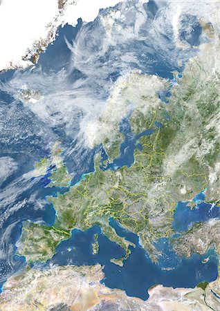 slovakia - Europe With Country Borders And Cloud Coverage, True Colour Satellite Image. True colour satellite image of Europe with country borders and cloud coverage. This image in Lambert Conformal Conic projection was compiled from data acquired by LANDSAT 5 & 7 satellites. Stock Photo - Rights-Managed, Code: 872-06053582