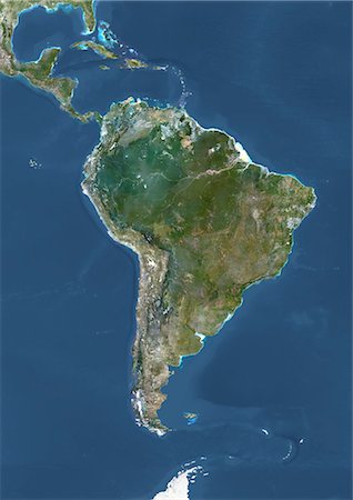 relief map - Image Satellite de la couleur vraie de l'Amérique du Sud. Image satellite de couleur vraie d'Amérique du Sud. Cette image dans la projection de Lambert de superficie égale azimutale a été compilée à partir des données acquises par les satellites LANDSAT 5 & 7. Photographie de stock - Rights-Managed, Code: 872-06053598