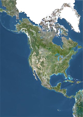 simsearch:872-06052704,k - North America With Country Borders, True Colour Satellite Image. True colour satellite image of North America with country borders. This image in Lambert Conformal Conic projection was compiled from data acquired by LANDSAT 5 & 7 satellites. Foto de stock - Con derechos protegidos, Código: 872-06053590