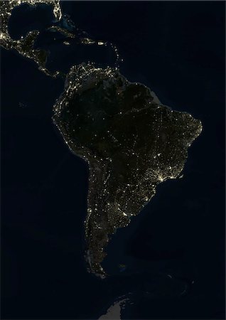 south american earth pictures - South America At Night, True Colour Satellite Image. True colour satellite image of South America at night. This image in Lambert Azimuthal Equal Area projection was compiled from data acquired by LANDSAT 5 & 7 satellites. Stock Photo - Rights-Managed, Code: 872-06053604