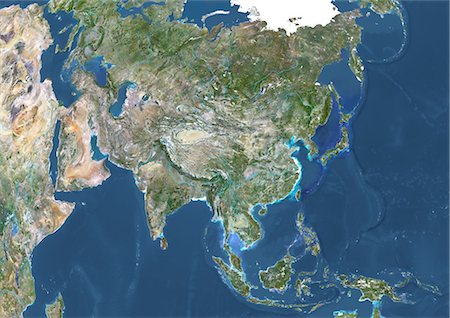 relief map - Asie avec Major Rivers, True Image Satellite de la couleur. Couleur vraie image satellite de l'Asie avec les grands fleuves. Cette image dans la projection de Lambert de superficie égale azimutale a été compilée à partir des données acquises par les satellites LANDSAT 5 & 7. Photographie de stock - Rights-Managed, Code: 872-06053629