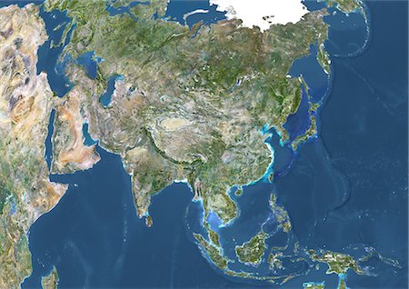 Asia With Country Borders, True Colour Satellite Image. True colour satellite image of Asia with country borders. This image in Lambert Azimuthal Equal Area projection was compiled from data acquired by LANDSAT 5 & 7 satellites. Stock Photo - Rights-Managed, Code: 872-06053630