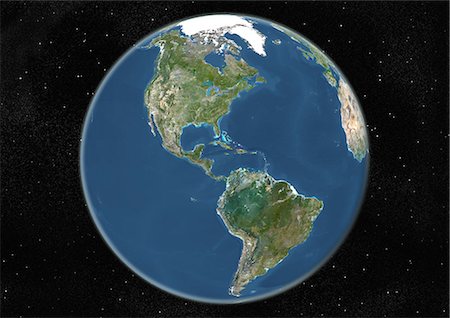 Monde centré sur les Amériques, True Image Satellite en couleurs. Image satellite de véritable couleur de la terre, centrée sur les Amériques, au solstice d'été à 6 heures GMT. Cette image dans une projection orthographique a été compilée à partir de données acquises par les satellites LANDSAT 5 & 7. Photographie de stock - Rights-Managed, Code: 872-06053648