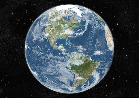 espace (cosmos) - Monde centré sur les Amériques, True Image Satellite en couleurs. Image satellite de véritable couleur de la terre, centrée sur les Amériques avec la couverture nuageuse, durant le solstice d'été à 6 heures GMT. Cette image dans une projection orthographique a été compilée à partir de données acquises par les satellites LANDSAT 5 & 7. Photographie de stock - Rights-Managed, Code: 872-06053649