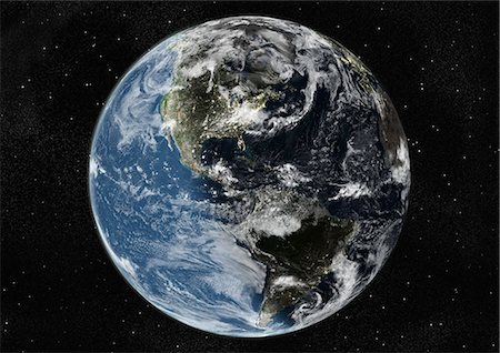 Monde centré sur les Amériques, True Image Satellite en couleurs. Image satellite de véritable couleur de la terre, centrée sur les Amériques avec la couverture nuageuse, durant le solstice d'hiver, à 12 heures GMT. Cette image dans une projection orthographique a été compilée à partir de données acquises par les satellites LANDSAT 5 & 7. Photographie de stock - Rights-Managed, Code: 872-06053659