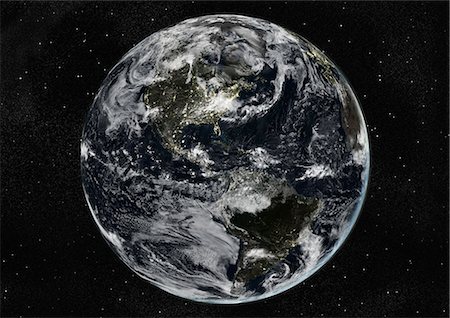 satellite view - Globe Centred On The Americas, True Colour Satellite Image. True colour satellite image of the Earth centred on the Americas with cloud coverage, during winter solstice at 6 a.m GMT. This image in orthographic projection was compiled from data acquired by LANDSAT 5 & 7 satellites. Stock Photo - Rights-Managed, Code: 872-06053653