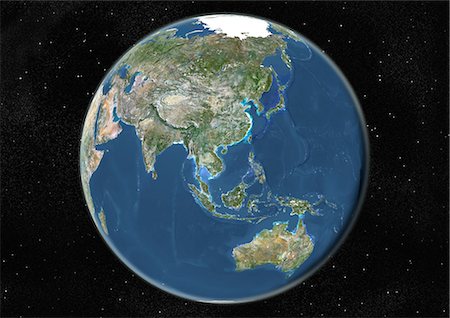 relief map - Monde centré sur l'Asie et l'Océanie, True Image Satellite en couleurs. Image satellite de véritable couleur de la terre centrée sur l'Asie et l'Océanie, durant le solstice d'été à 6 heures GMT. Cette image dans une projection orthographique a été compilée à partir de données acquises par les satellites LANDSAT 5 & 7. Photographie de stock - Rights-Managed, Code: 872-06053668