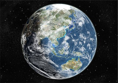 simsearch:872-06053759,k - Monde centré sur l'Asie et l'Océanie, True Image Satellite en couleurs. Image satellite de véritable couleur de la terre, centrée sur l'Asie et l'Océanie avec couverture nuageuse, durant le solstice d'été, à 12 heures GMT. Cette image dans une projection orthographique a été compilée à partir de données acquises par les satellites LANDSAT 5 & 7. Photographie de stock - Rights-Managed, Code: 872-06053675