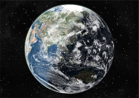simsearch:872-06053759,k - Monde centré sur l'Asie et l'Océanie, True Image Satellite en couleurs. Image satellite de véritable couleur de la terre, centrée sur l'Asie et l'Océanie avec couverture nuageuse, durant le solstice d'été, à 12 heures GMT. Cette image dans une projection orthographique a été compilée à partir de données acquises par les satellites LANDSAT 5 & 7. Photographie de stock - Rights-Managed, Code: 872-06053671