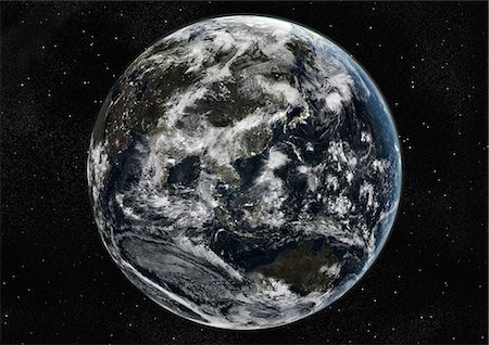 planet - Globe Centred On Asia And Oceania, True Colour Satellite Image. True colour satellite image of the Earth centred on Asia and Oceania with cloud coverage, at the equinox at 6 p.m GMT. This image in orthographic projection was compiled from data acquired by LANDSAT 5 & 7 satellites. Stock Photo - Rights-Managed, Code: 872-06053689