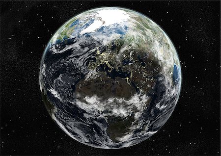 satellite view - Globe Centred On Europe And Africa, True Colour Satellite Image. True colour satellite image of the Earth centred on Europe and Africa with cloud coverage, during summer solstice at 12 p.m GMT. This image in orthographic projection was compiled from data acquired by LANDSAT 5 & 7 satellites. Stock Photo - Rights-Managed, Code: 872-06053699