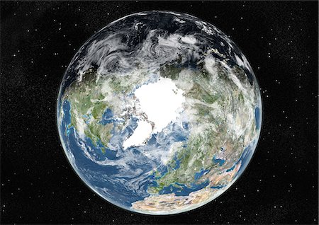 polo norte - Globe Centred On The North Pole, True Colour Satellite Image. True colour satellite image of the Earth centred on the North Pole with cloud coverage, during summer solstice at 12 a.m GMT. This image in orthographic projection was compiled from data acquired by LANDSAT 5 & 7 satellites. Foto de stock - Con derechos protegidos, Código: 872-06053719