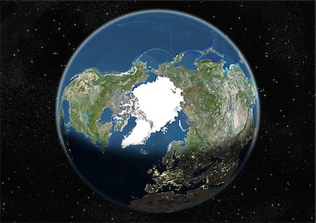 relief map - Monde centré sur le pôle Nord, True Image Satellite en couleurs. Image satellite de véritable couleur de la terre centrée sur le pôle Nord, pendant le solstice d'été, à 12 heures GMT. Cette image dans une projection orthographique a été compilée à partir de données acquises par les satellites LANDSAT 5 & 7. Photographie de stock - Rights-Managed, Code: 872-06053722