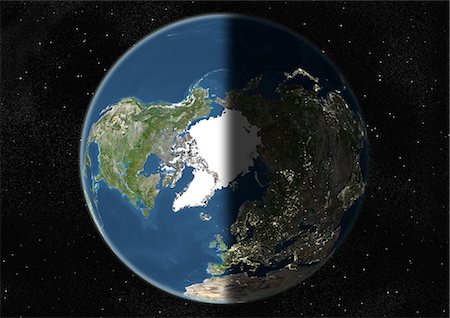 Globe Centred On The North Pole, True Colour Satellite Image. True colour satellite image of the Earth centred on the North Pole, at the equinox at 6 p.m GMT. This image in orthographic projection was compiled from data acquired by LANDSAT 5 & 7 satellites. Stock Photo - Rights-Managed, Code: 872-06053736