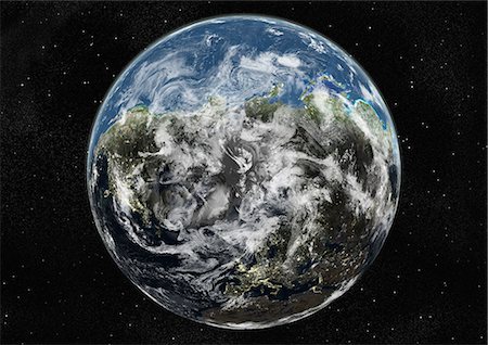 Monde centré sur le pôle Nord, True Image Satellite en couleurs. Image satellite de véritable couleur de la terre centrée sur le pôle Nord avec la couverture nuageuse, durant le solstice d'hiver, à 12 heures GMT. Cette image dans une projection orthographique a été compilée à partir de données acquises par les satellites LANDSAT 5 & 7. Photographie de stock - Rights-Managed, Code: 872-06053731