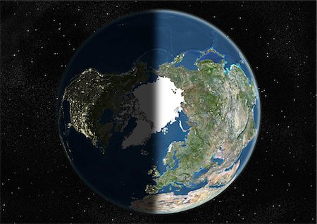 Globus standen den Nordpol, die wahre Farbe Satellitenbild. Echtfarben-Satellitenbild der Erde zentriert auf den Nordpol, um das Äquinoktium um 6 Uhr GMT. Dieses Bild in orthogonale Projektion kompiliert wurde aus Daten von Satelliten LANDSAT 5 & 7 erworben. Stockbilder - Lizenzpflichtiges, Bildnummer: 872-06053732