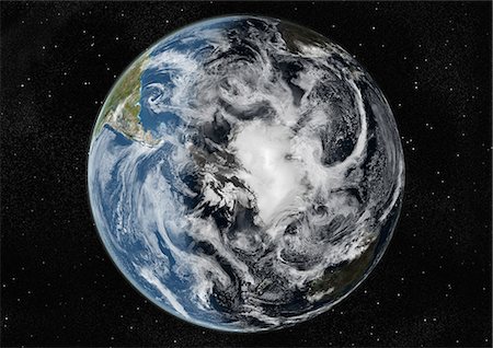 earth science - Globe Centred On The South Pole, True Colour Satellite Image. True colour satellite image of the Earth centred on the South Pole with cloud coverage, during summer solstice at 6 p.m GMT. This image in orthographic projection was compiled from data acquired by LANDSAT 5 & 7 satellites. Stock Photo - Rights-Managed, Code: 872-06053745