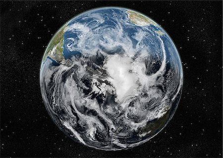 Monde centré sur le pôle Sud, True Image Satellite en couleurs. Image satellite de véritable couleur de la terre centrée sur le pôle Sud avec la couverture nuageuse, durant le solstice d'été, à 12 heures GMT. Cette image dans une projection orthographique a été compilée à partir de données acquises par les satellites LANDSAT 5 & 7. Photographie de stock - Rights-Managed, Code: 872-06053743
