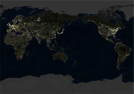 Toute la terre centrée sur l'océan Pacifique, True Image Satellite en couleurs de la nuit. Image satellite de véritable couleur de toute la terre pendant la nuit, centrée sur l'océan Pacifique, avec les frontières du pays. Cette image en projection de Miller a été compilée à partir de données acquises par les satellites LANDSAT 5 & 7. Photographie de stock - Rights-Managed, Code: 872-06053785