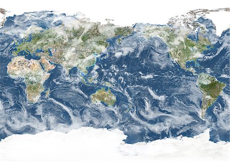 Toute la terre centrée sur l'océan Pacifique, True Image Satellite en couleurs. Image satellite de véritable couleur de toute la terre centrée sur l'océan Pacifique, avec les frontières du pays et la couverture nuageuse. Cette image en projection de Miller a été compilée à partir de données acquises par les satellites LANDSAT 5 & 7. Photographie de stock - Rights-Managed, Code: 872-06053781