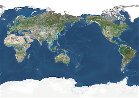 earth science - Whole Earth Centred On Pacific Ocean, True Colour Satellite Image. True colour satellite image of the whole Earth centred on the Pacific Ocean, with country borders and major rivers. This image in Miller projection was compiled from data acquired by LANDSAT 5 & 7 satellites. Stock Photo - Rights-Managed, Code: 872-06053782