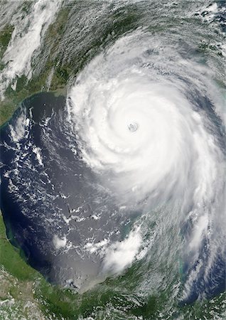 simsearch:872-06053857,k - Hurricane Katrina, Louisiana, Us, On 28/08/2005, True Colour Satellite Image. Hurricane Katrina on 28 August 2005 near peak strength over the Gulf of Mexico. True-colour satellite image using MODIS data. Stock Photo - Rights-Managed, Code: 872-06053851