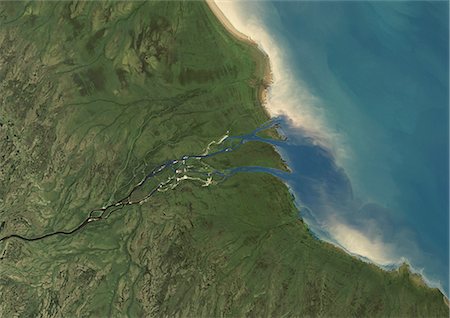 simsearch:872-06052983,k - Albany River Delta, Canada, True Colour Satellite Image. True colour satellite image of Albany River Delta in Canada. Composite image using LANDSAT 7 data. Foto de stock - Con derechos protegidos, Código: 872-06053909